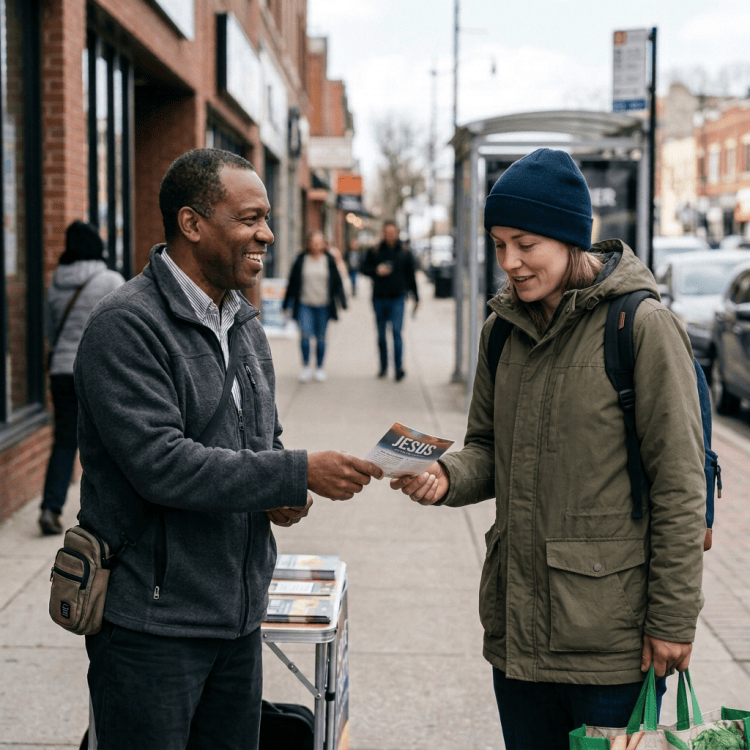 Man handing informational flyer titled 'Hope & Truth' to another man on sidewalk