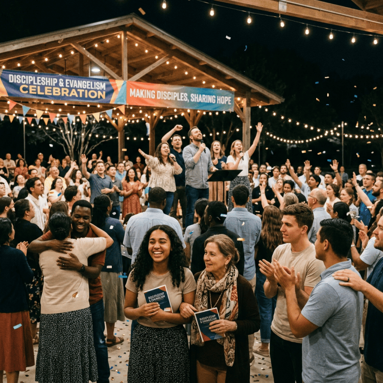 Outdoor gathering with people singing, clapping, and celebrating under string lights
