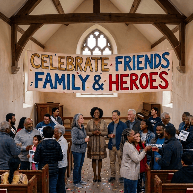Outdoor community event with people gathered under a banner reading 'Celebrate Friends Family & Heroes'