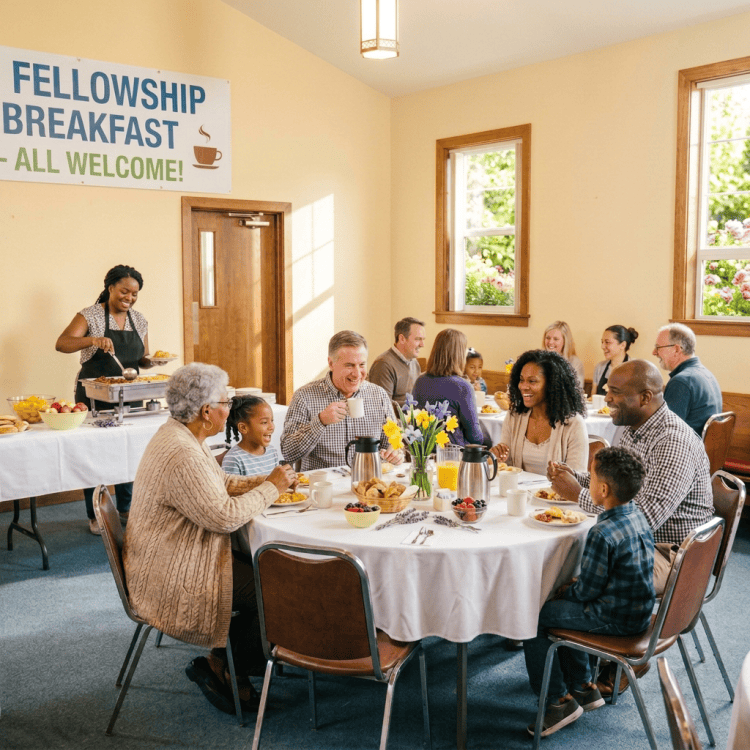 Community members seated at round tables sharing breakfast in a church fellowship hall with a welcoming banner